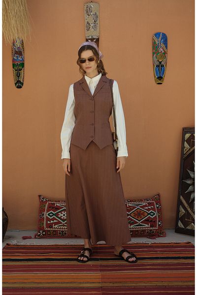 Fatma Atasoy Cotton Striped Chocolate Vest and Skirt Set