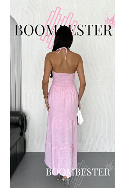 BoomBester Kadın %100 Keten Maxi Elbise Beli Açık Boyun Bağlamalı - Premium Şıklık ve Rahat Yazlık