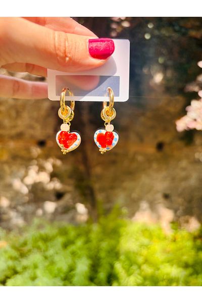 Markiz Takı Blue Dot Red Heart Earrings
