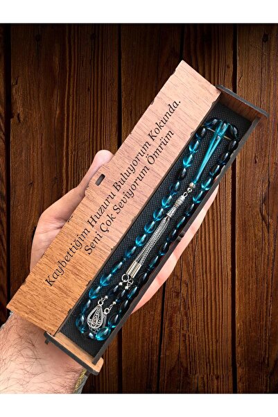 KANUNİ TESBİH مسبحة منقوشة باللون الأزرق البترولي مع صندوق خشبي 0032