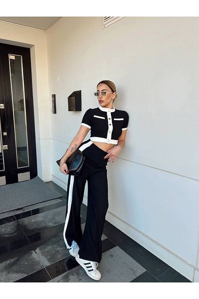 LE CARAMBOLE Women's Black Short Sleeve Stripe Detailed Two-Piece Suit