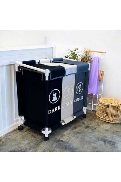 BUNCA 3-compartment laundry basket, 64 x 60 x 35 cm, with wheels and a top lid, for easy organization of laundry at home