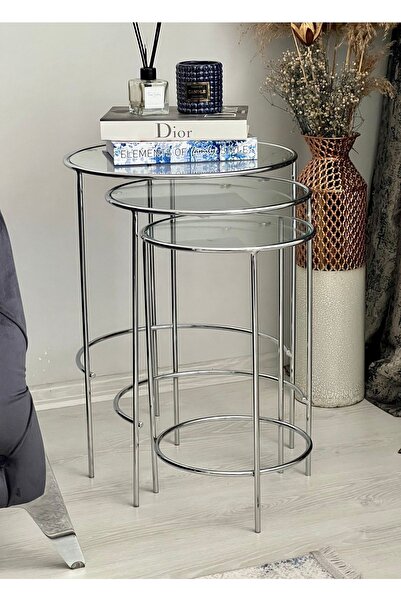 AssuCasa Mars 3'lü Yuvarlak Metal Zigon Yan Sehpa Gümüş-şeffaf