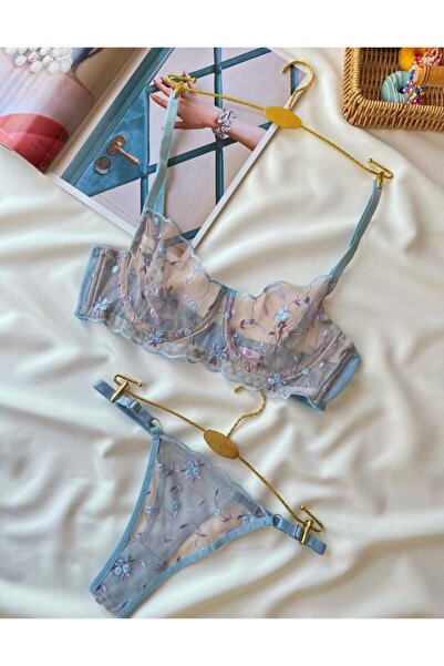 Pretty Mavi-Lila Çiçekli Balenli Transparan Dantelli Sütyen Tanga Takımı - Fa...