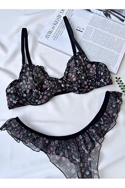 Pretty Siyah Çiçek Detaylı Balenli Bralet Sütyen Set - Fantezi İç Giyim