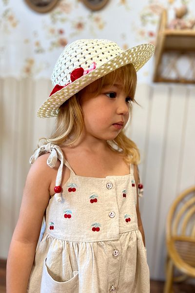 miabambim Set Rochie și Pălărie pentru Fată din In Brodat Cireș Bej