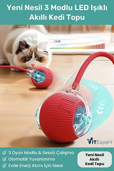 Vitexpert Yeni Nesil Şarjlı 3 Modlu LED Işıklı Akıllı İnteraktif Otomatik Yuvarlanan Hareketli Kedi Oyuncağı