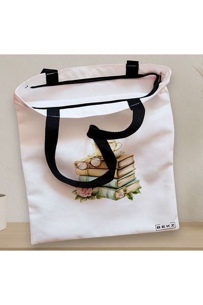 BEKZ Sacosa Textila Cu Fermoar, Geanta Tote, Model Books 22 38 X 34.5 Cm, Alb, ®