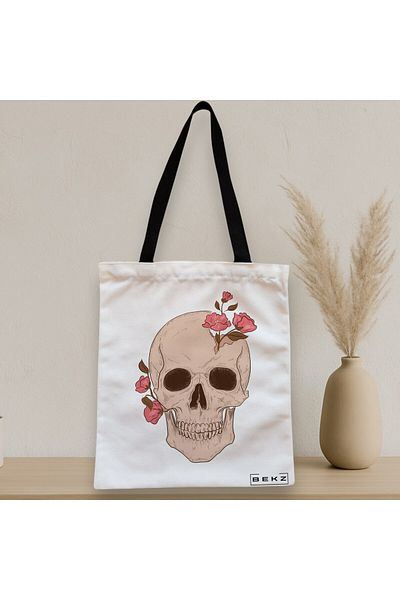 BEKZ Sacosa Textila Cu Fermoar, Geanta Tote, Model Floral Skull, 38x34.5 Cm, Alba, ®
