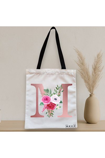 BEKZ Textile Bag With Zipper, Tote Bag, With Letter M Rose Gold And Roses, 38x34.5 Cm, ​​White, ®