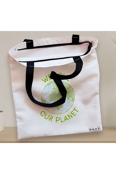 BEKZ Sacosa Textila Cu Fermoar, Geanta Tote, Model We Love Our Planet, 38x34.5 Cm, Alba, ®