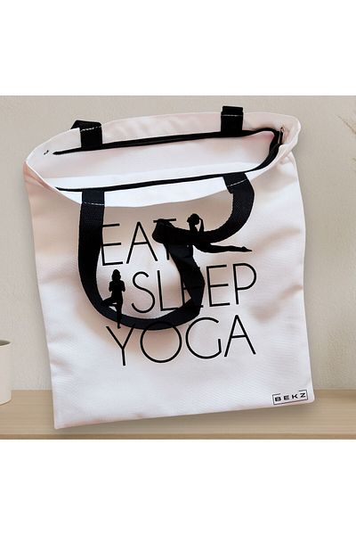 BEKZ Sacosa Textila Cu Fermoar, Geanta Tote Yoga Eat Sleep Yoga, 38x34.5 Cm, Alba, ®