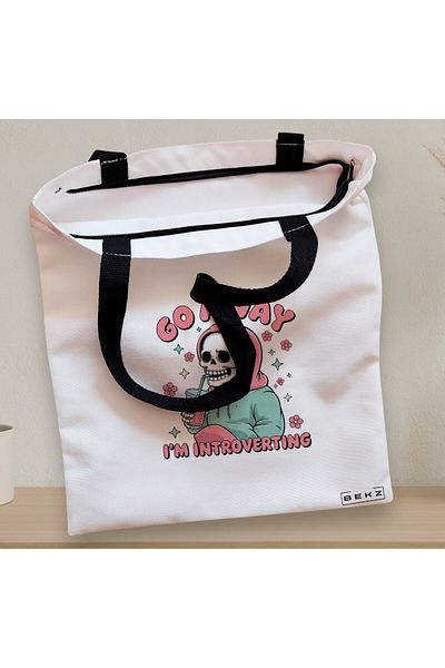 BEKZ Textile Bag With Zipper, Tote Bag, Go Away I’m Introverting Model 38 X 34.5 Cm, ​​White, ®