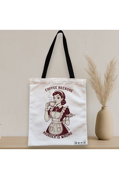 BEKZ Zippered Textile Bag, Tote Bag, Coffee Because Murder Is Wrong Model 38 X 34.5 Cm, ​​White,