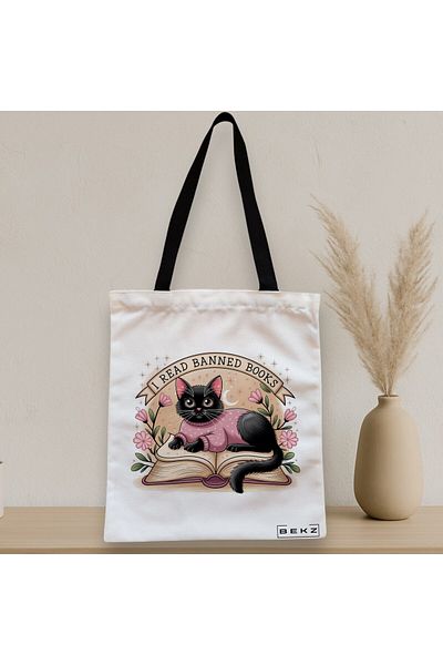 BEKZ Sacosa Textila Cu Fermoar, Geanta Tote, Model I Read Banned Books 2 38 X 34.5 Cm, Alb, ®