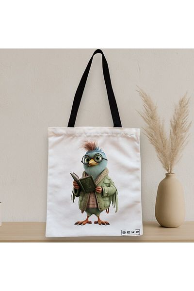 BEKZ Textile Bag With Zipper, Tote Bag, Reading Birdie 2 Model 38 X 34.5 Cm, ​​White, ®