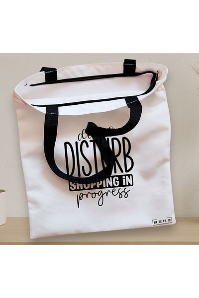 BEKZ Textile Bag With Zipper, Tote Bag, Do Not Disturb Pattern, Shopping In Progress, 38x34.5 Cm, ​​White