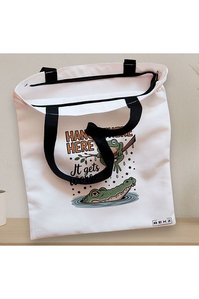 BEKZ Textile Bag With Zipper, Tote Bag, Hang In There Here It Gets Worse Pattern 38 X 34.5 Cm, ​​White, Beige