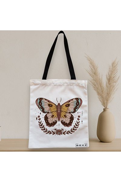 BEKZ Textile Bag With Zipper, Tote Bag Brown Butterfly, 38x34.5 Cm, ​​White, ®