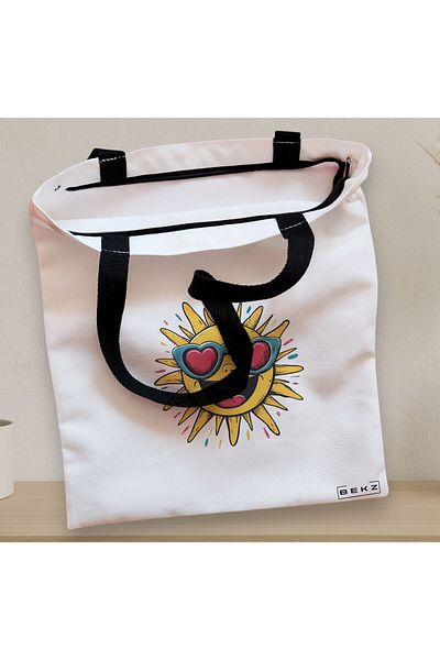BEKZ Sacosa Textila Cu Fermoar, Geanta Tote, Model Sun Faces 5 38 X 34.5 Cm, Alb, ®