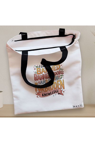 BEKZ Textile Bag With Zipper, Tote Bag, Model I Read Banned Books 3 38 X 34.5 Cm, ​​White, ®