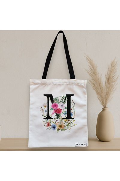 BEKZ Sacosa Textila Cu Fermoar, Geanta Tote, Cu Litera M In Coronita Florala, 38x34.5 Cm, Alba, ®