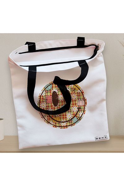 BEKZ Sacosa Textila Cu Fermoar, Geanta Tote, Model Magda Smile, 38x34.5 Cm, Alba, ®