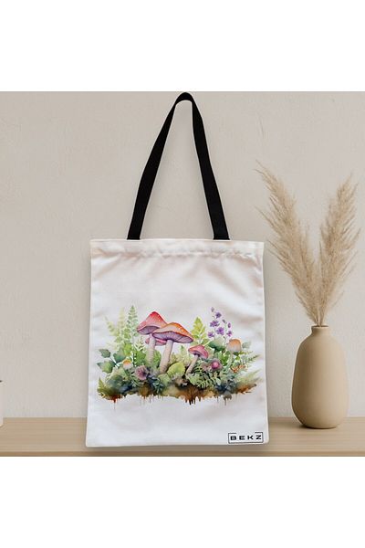 BEKZ Sacosa Textila Cu Fermoar, Geanta Tote Colorful Mushrooms 11, 38x34.5 Cm, Alba, ®
