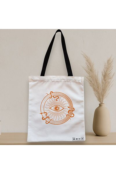 BEKZ Sacosa Textila Cu Fermoar, Geanta Tote, Model Mystic Eye, 38x34.5 Cm, Alba, ®