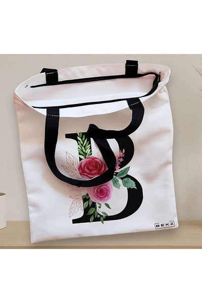 BEKZ Sacosa Textila Cu Fermoar, Geanta Tote, Cu Litera B Si Trandafiri, 38x34.5 Cm, Alba, ®