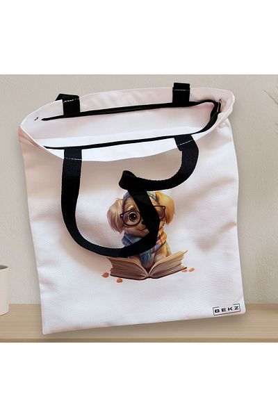 BEKZ Sacosa Textila Cu Fermoar, Geanta Tote, Model Reading Puppy 22 38 X 34.5 Cm, Alb, ®