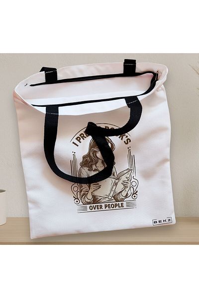 BEKZ Sacosa Textila Cu Fermoar, Geanta Tote, Model I Prefer Book’s Over People 38 X 34.5 Cm, Alb, ®
