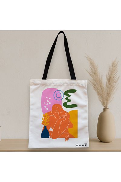 BEKZ Textile Bag With Zipper, Tote Bag, Abstract Contemplation Pattern, 38x34.5 Cm, ​​White, ®