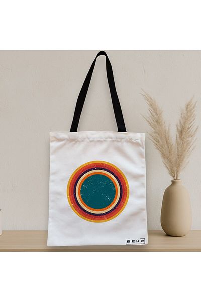 BEKZ Sacosa Textila Cu Fermoar, Geanta Tote, Model Retro Concentric Circles, 38x34.5 Cm, Alba, ®