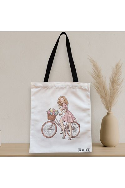 BEKZ Sacosa Textila Cu Fermoar, Geanta Tote, Model Rose Bicycle 38 X 34.5 Cm, Alb, ®