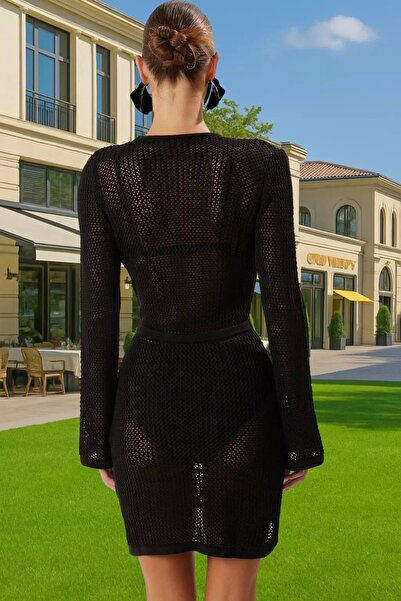 PayBuy Καλοκαιρινό μίνι πλεκτό φόρεμα παραλίας με λαιμόκοψη σε σχήμα V με μακρύ μανίκι Κομψό σχέδιο Άνετο και κομψό σχέδιο Zarifane