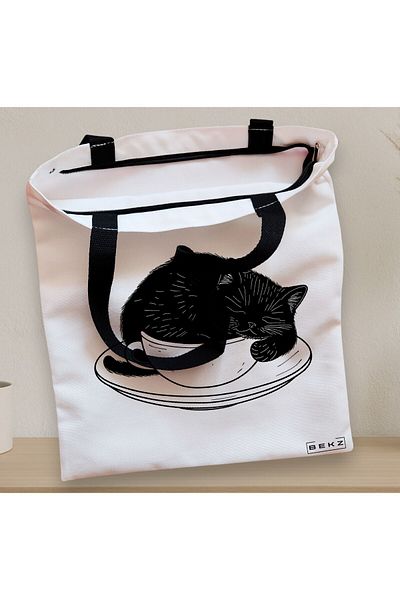 BEKZ Sacosa Textila Cu Fermoar, Geanta Tote, Model Caffeine Cat 22 38 X 34.5 Cm, Alb, ®