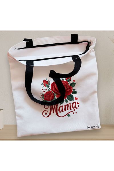 BEKZ Sacosa Textila Cu Fermoar, Geanta Tote, Model Mama Red Roses 38 X 34.5 Cm, Alb, ®
