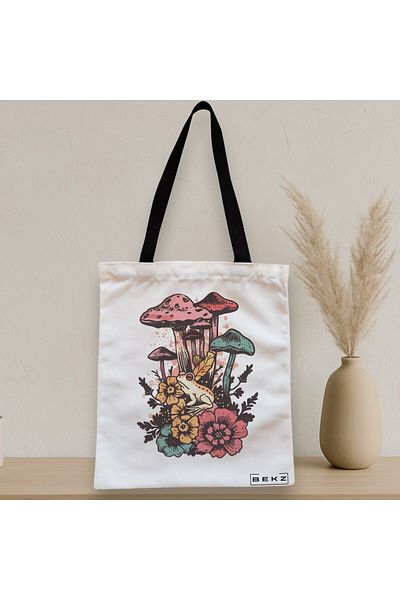 BEKZ Textile Bag With Zipper, Tote Bag Colorful Mushrooms, 38x34.5 Cm, ​​White, ®