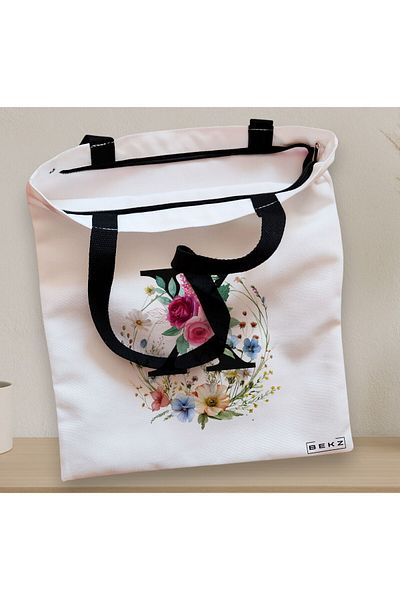 BEKZ Sacosa Textila Cu Fermoar, Geanta Tote, Cu Litera X In Coronita Florala, 38x34.5 Cm, Alba, ®