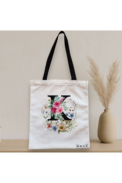 BEKZ Sacosa Textila Cu Fermoar, Geanta Tote, Cu Litera K In Coronita Florala, 38x34.5 Cm, Alba, ®