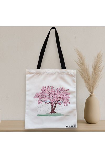 BEKZ Sacosa Textila Cu Fermoar, Geanta Tote, Model Watercolor Tree, 38x34.5 Cm, Alba, ®