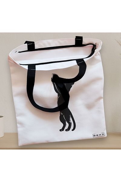 BEKZ Sacosa Textila Cu Fermoar, Geanta Tote, Model Caffeine Cat 7 38 X 34.5 Cm, Alb, ®