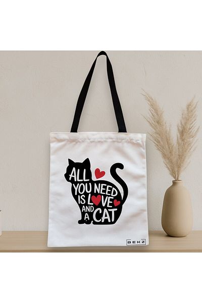 BEKZ Textile Bag With Zipper, Tote Bag, All You Need Is Love And A Cat Model, 38 X 34.5 Cm, ​​White, Bek