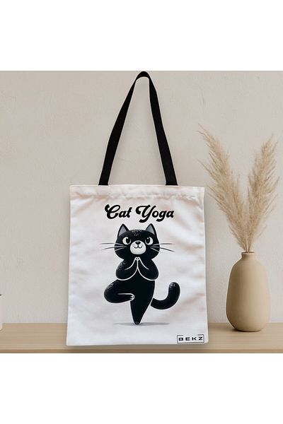 BEKZ Sacosa Textila Cu Fermoar, Geanta Tote Yoga Cat, 38x34.5 Cm, Alba, ®