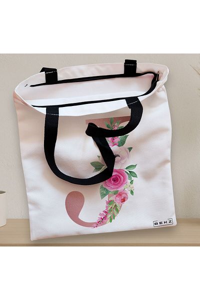 BEKZ Textile Bag With Zipper, Tote Bag, With Letter J Rose Gold And Roses, 38x34.5 Cm, ​​White, ®