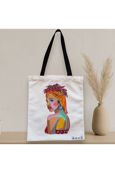 BEKZ Sacosa Textila Cu Fermoar, Geanta Tote, Model Portret Vibrant 3, 38x34.5 Cm, Alba, ®