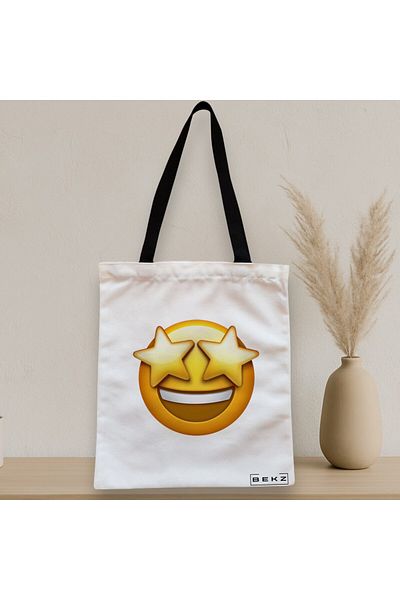 BEKZ Textile Bag With Zipper, Tote Bag, Wow Emoji Pattern, 38x34.5 Cm, ​​White, ®