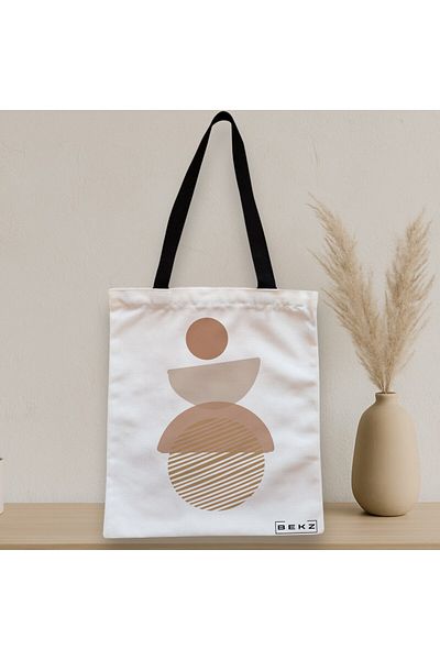 BEKZ Sacosa Textila Cu Fermoar, Geanta Tote, Model Echilibru Geometric, 38x34.5 Cm, Alba, ®