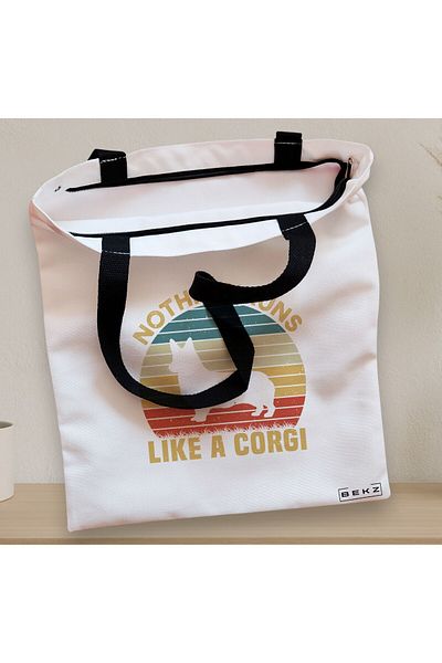 BEKZ Textile Bag With Zipper, Tote Bag, Nothing Runs Like A Corgi Model, 38x34.5 Cm, ​​White, ®